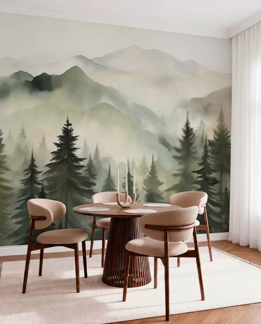Papier peint photo Paysage de montagne avec une forêt de pins et des montagnes étagées à l'aube avec un léger brouillard aquarelle imitation art w08639