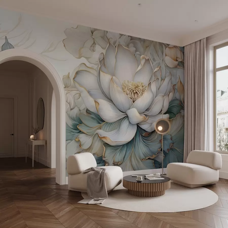 Fotobehang Een grote, delicate witte leliebloem en gebladerte met zachte, gelaagde decoratieve bloemblaadjes op abstracte achtergrond met gebladertestructuur w08640