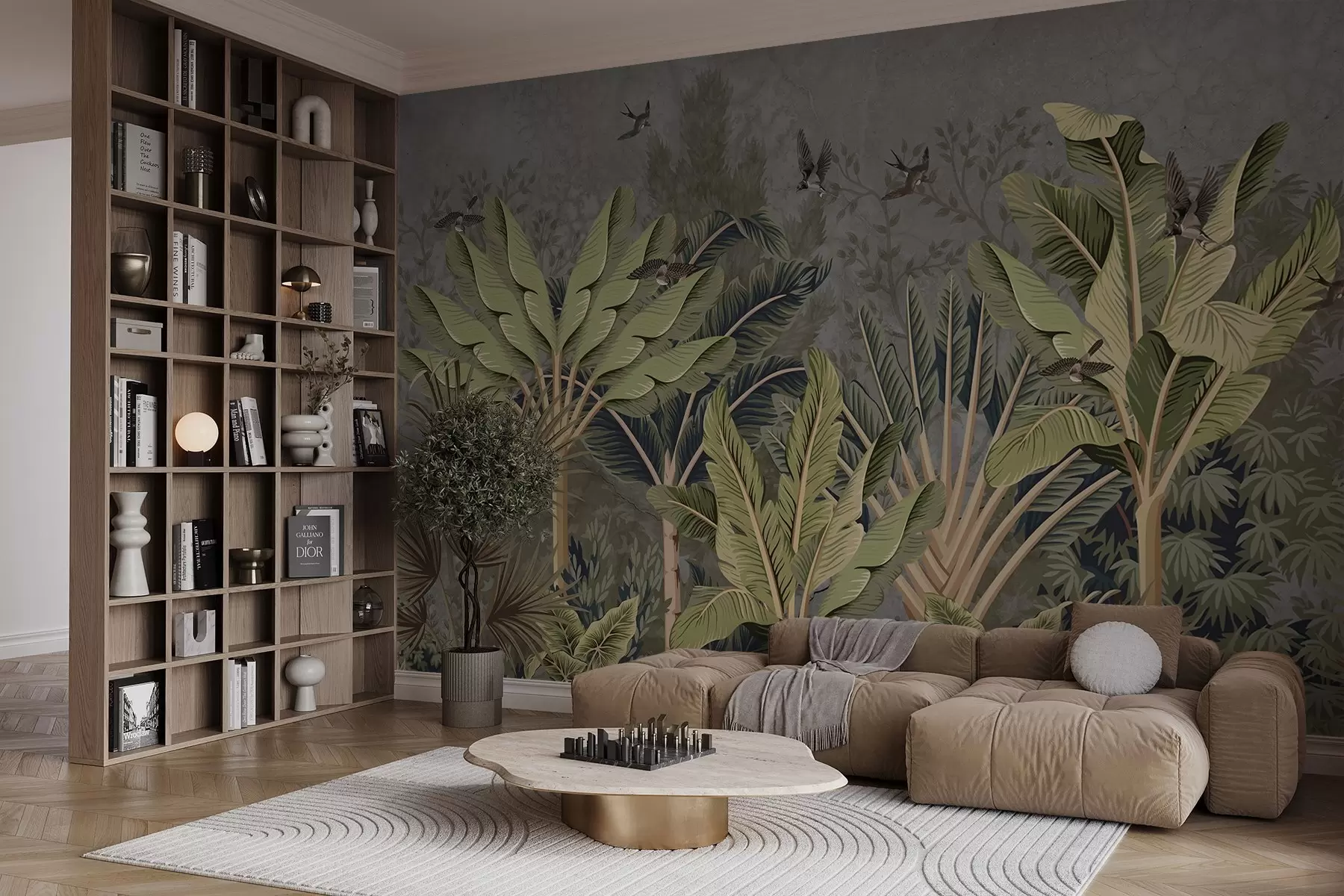 Fotobehang Tropische jungle met grote bladeren, palmbladeren en kleurrijk gebladerte op de voorgrond tegen een gestructureerde achtergrond w08641