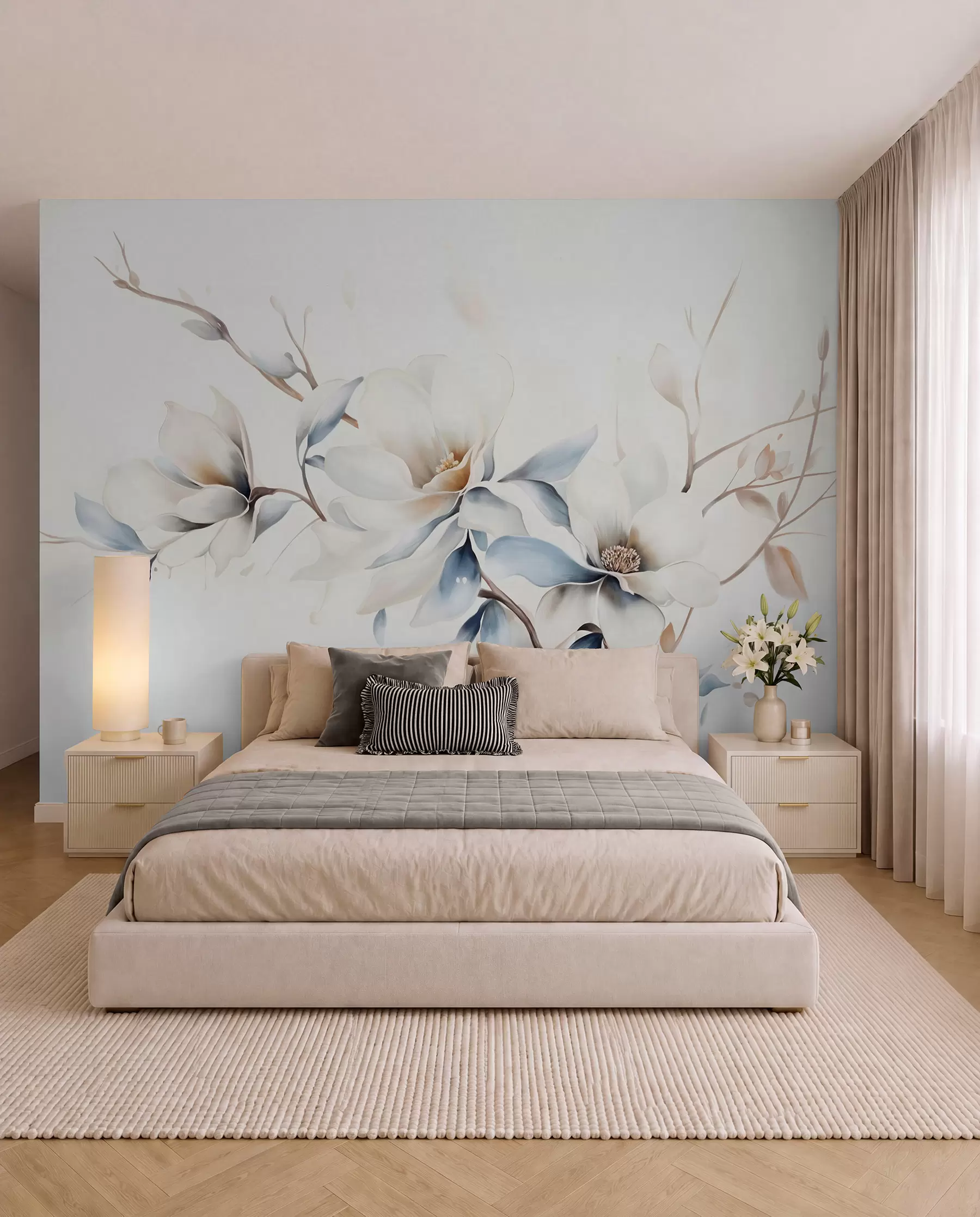 Fotobehang Delicate witte magnolia bloemen met zacht blauwe bloemblaadjes tegen een lichte achtergrond aquarel imitatie minimalisme w08644