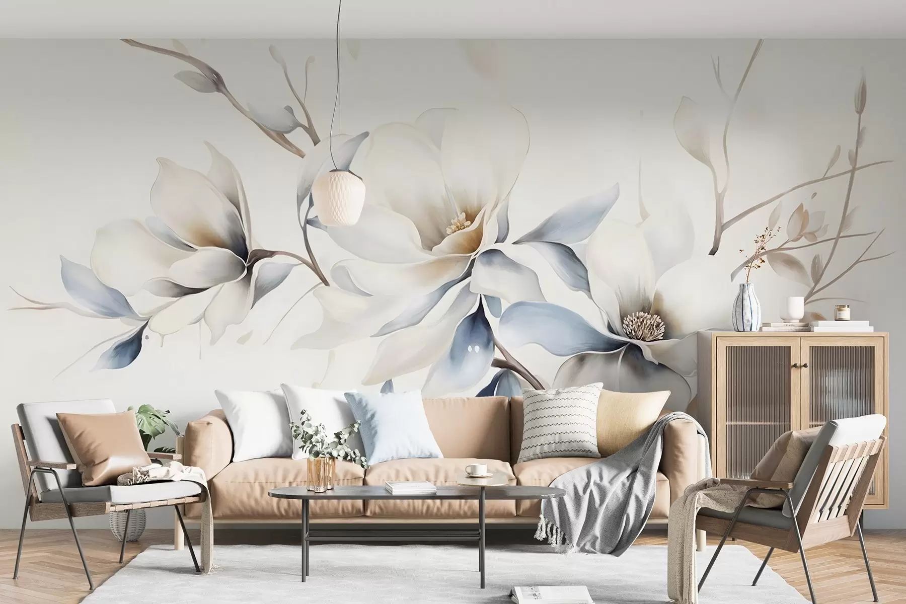 Fotobehang Delicate witte magnolia bloemen met zacht blauwe bloemblaadjes tegen een lichte achtergrond aquarel imitatie minimalisme w08644