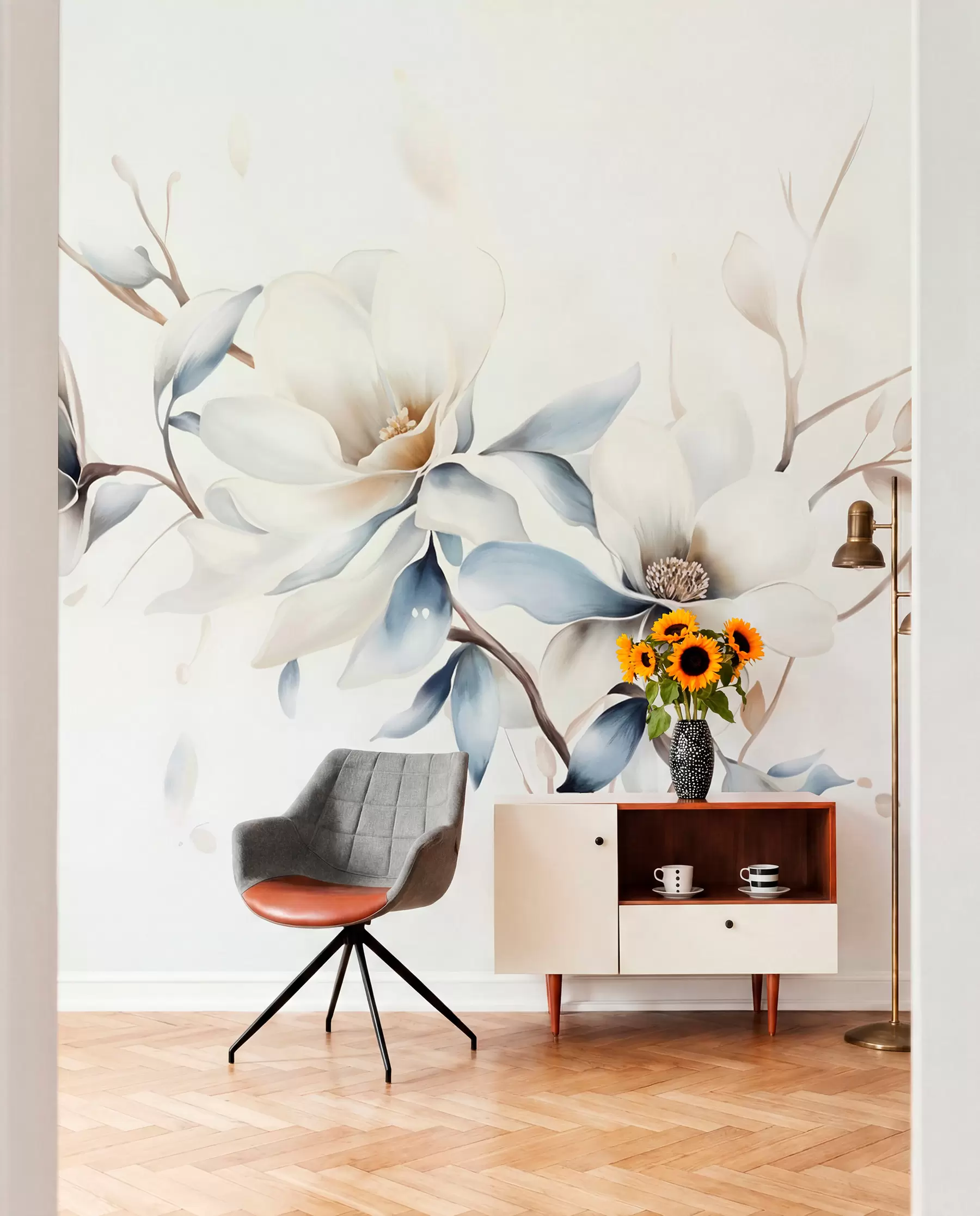 Fotobehang Delicate witte magnolia bloemen met zacht blauwe bloemblaadjes tegen een lichte achtergrond aquarel imitatie minimalisme w08644