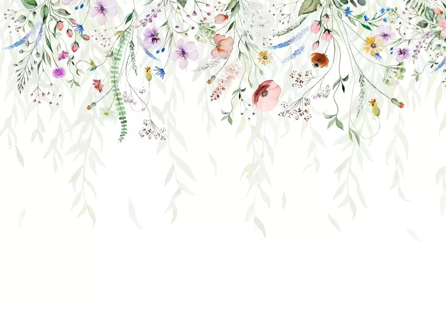 Papier peint photo Un imprimé floral coloré qui tombe en cascade avec diverses fleurs, feuilles et plantes dans un style aquarelle w08646