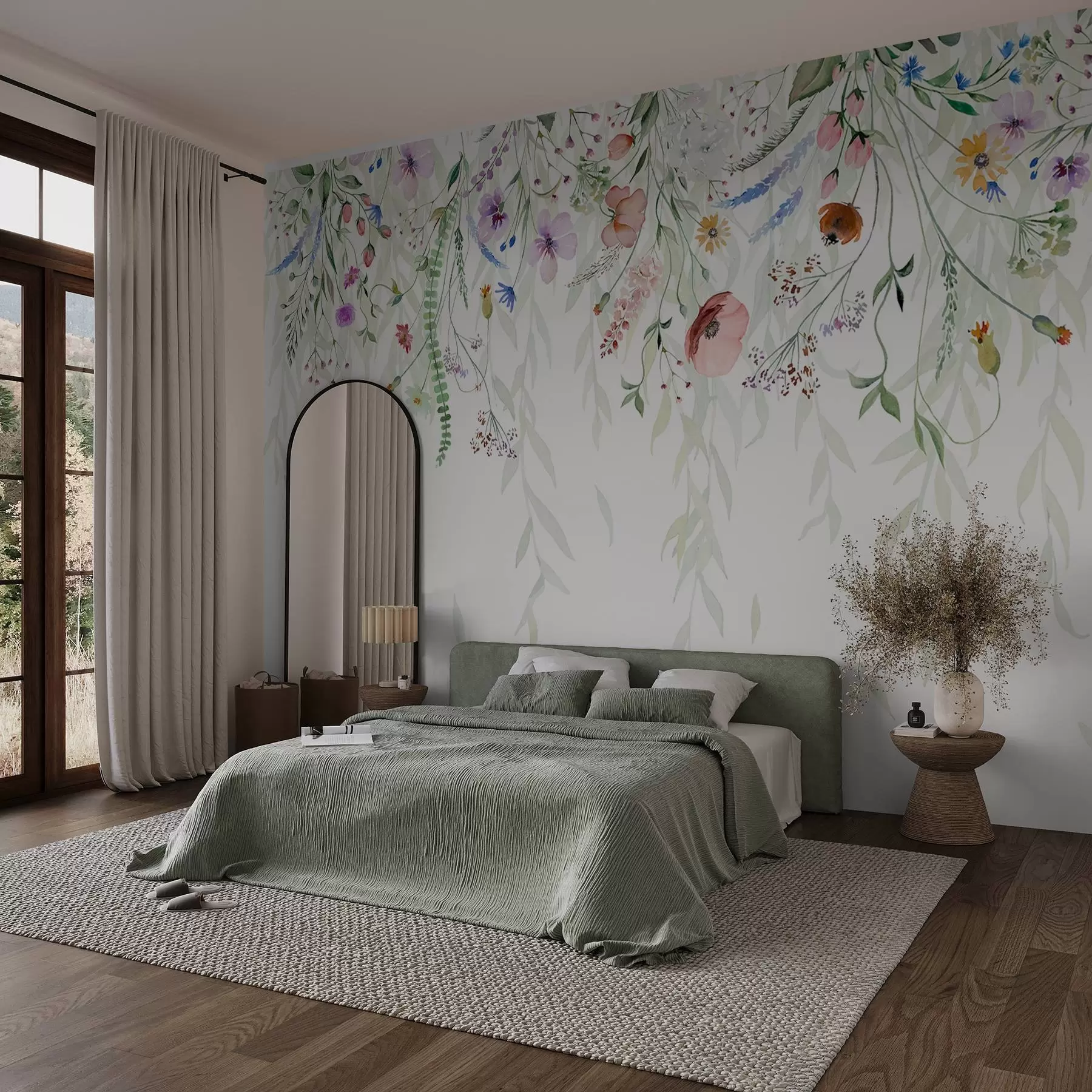 Papier peint photo Un imprimé floral coloré qui tombe en cascade avec diverses fleurs, feuilles et plantes dans un style aquarelle w08646