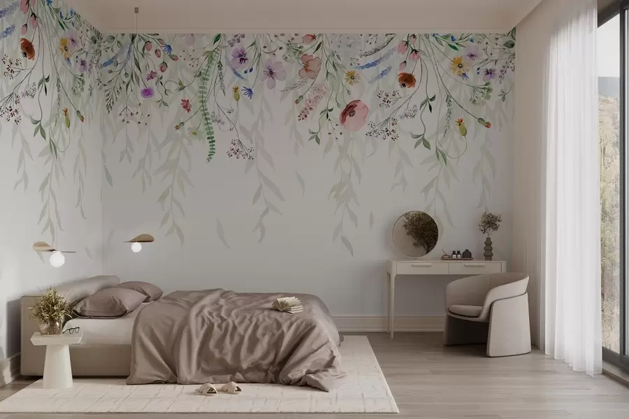 Papier peint photo Un imprimé floral coloré qui tombe en cascade avec diverses fleurs, feuilles et plantes dans un style aquarelle w08646
