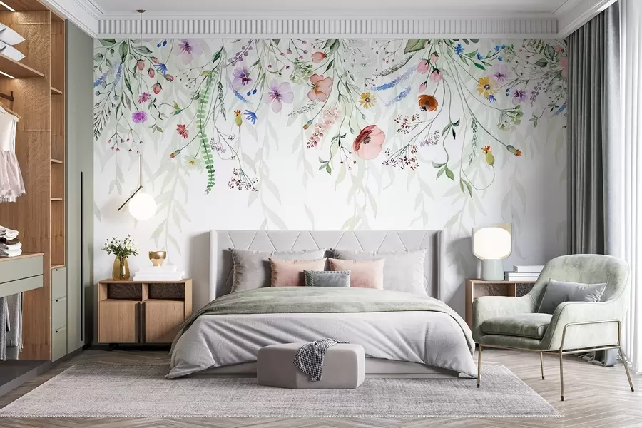 Papier peint photo Un imprimé floral coloré qui tombe en cascade avec diverses fleurs, feuilles et plantes dans un style aquarelle w08646