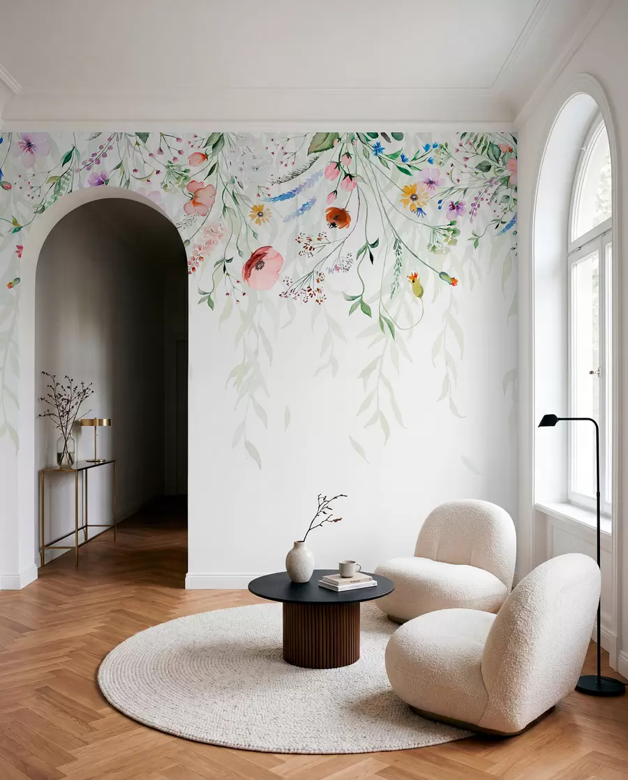 Fotobehang Een kleurrijke bloemenprint met verschillende bloemen, bladeren en planten in aquarelstijl w08646