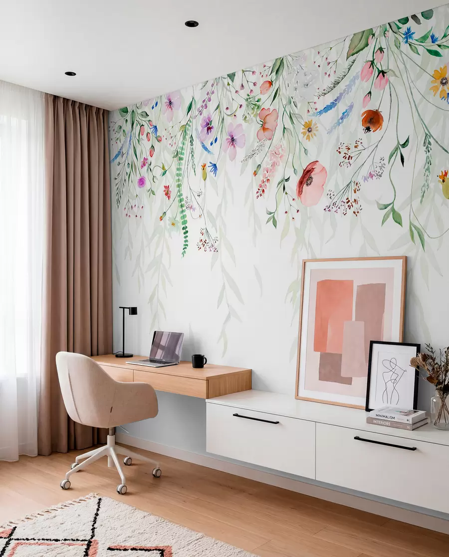 Fotobehang Een kleurrijke bloemenprint met verschillende bloemen, bladeren en planten in aquarelstijl w08646