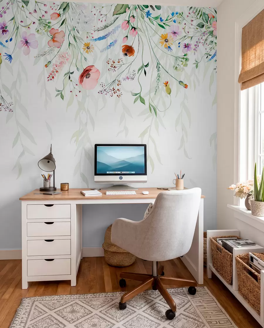 Fotobehang Een kleurrijke bloemenprint met verschillende bloemen, bladeren en planten in aquarelstijl w08646