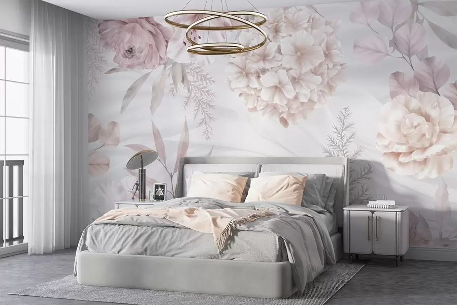 Papier peint photo Un imprimé floral doux et abstrait avec de grandes fleurs roses et blanches, des feuilles délicates et une palette de couleurs pastel w08651
