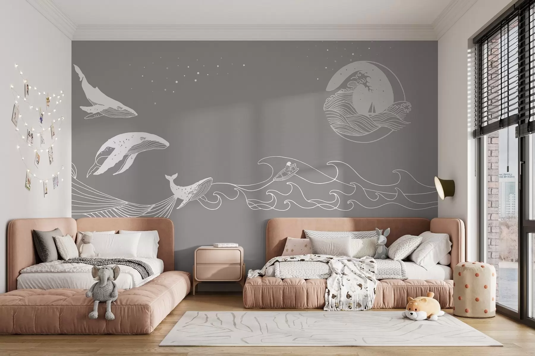 Papier peint photo Baleines et vagues dans un dessin au trait minimaliste w02774