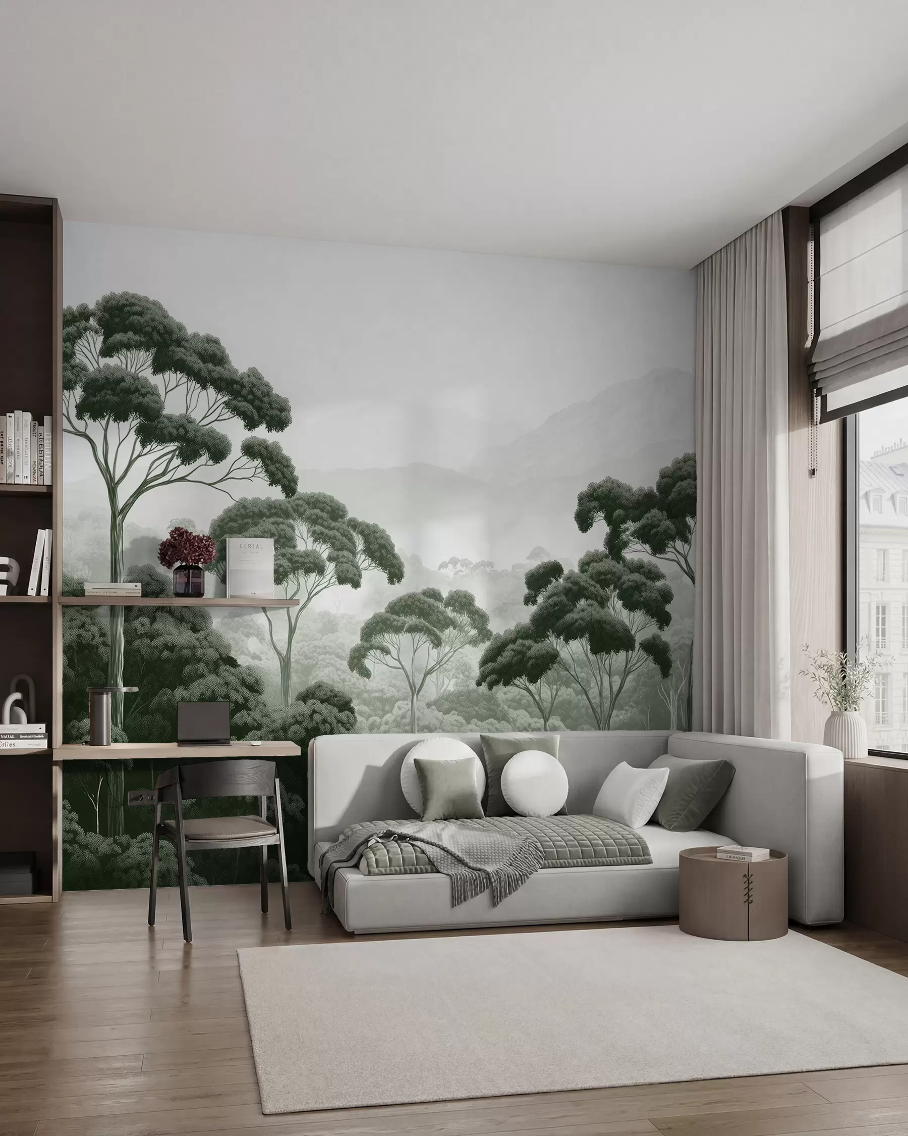 Fotobehang Junglebos, bergen, tropisch, natuur, grote bomen, donkergroene kleuren w02739v1