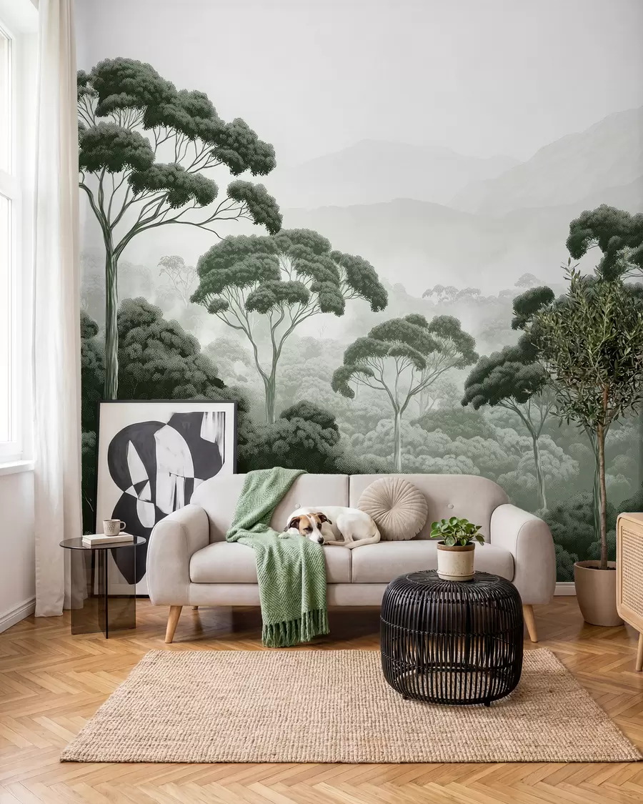 Fotobehang Junglebos, bergen, tropisch, natuur, grote bomen, donkergroene kleuren w02739v1