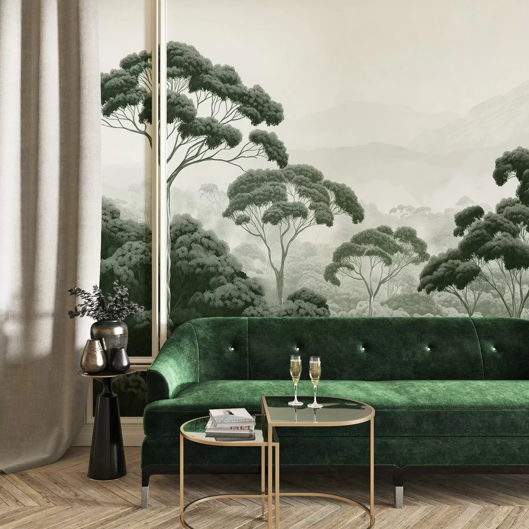 Fotobehang Junglebos, bergen, tropisch, natuur, grote bomen, donkergroene kleuren w02739v1