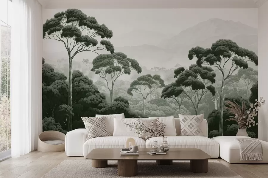 Fotobehang Junglebos, bergen, tropisch, natuur, grote bomen, donkergroene kleuren w02739v1