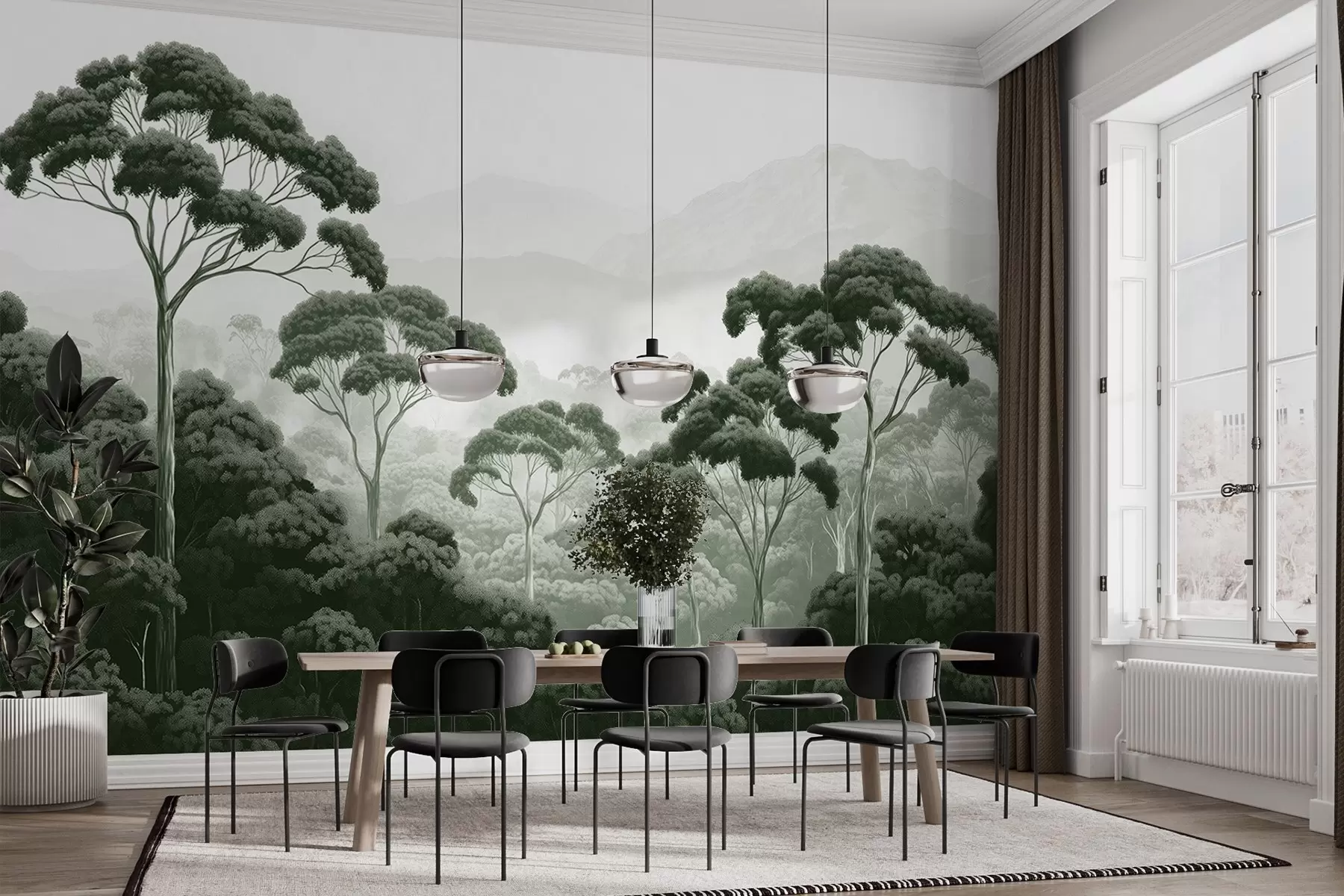 Papier peint photo Forêt de jungle, montagnes, tropical, nature, grands arbres, couleurs vertes foncées w02739v1