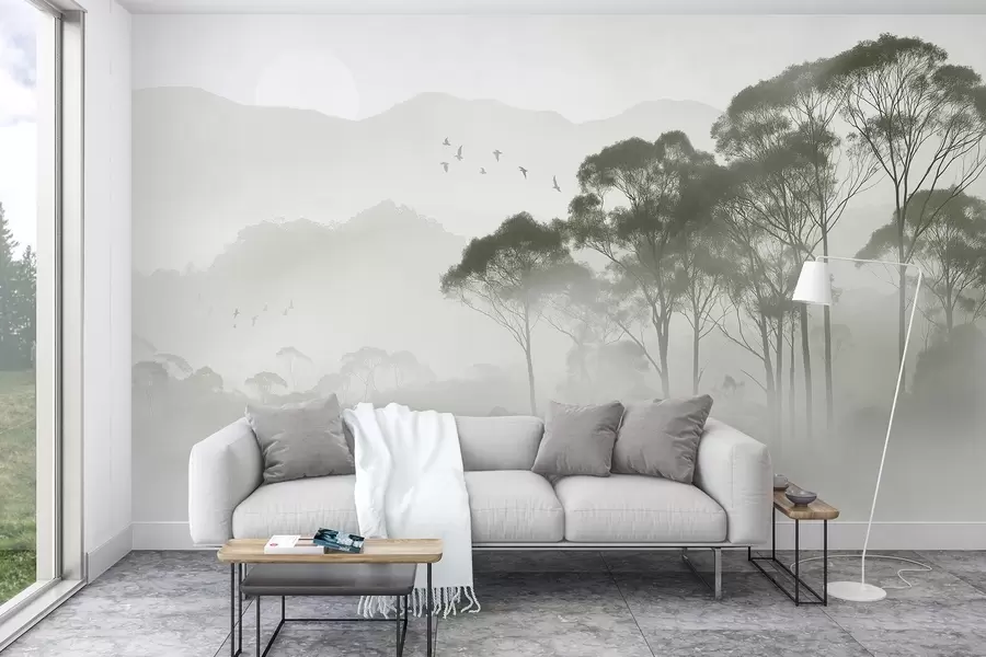 Fotobehang Bomen in de mist, natuurlandschappen, vogels, zon, groene kleuren w02740