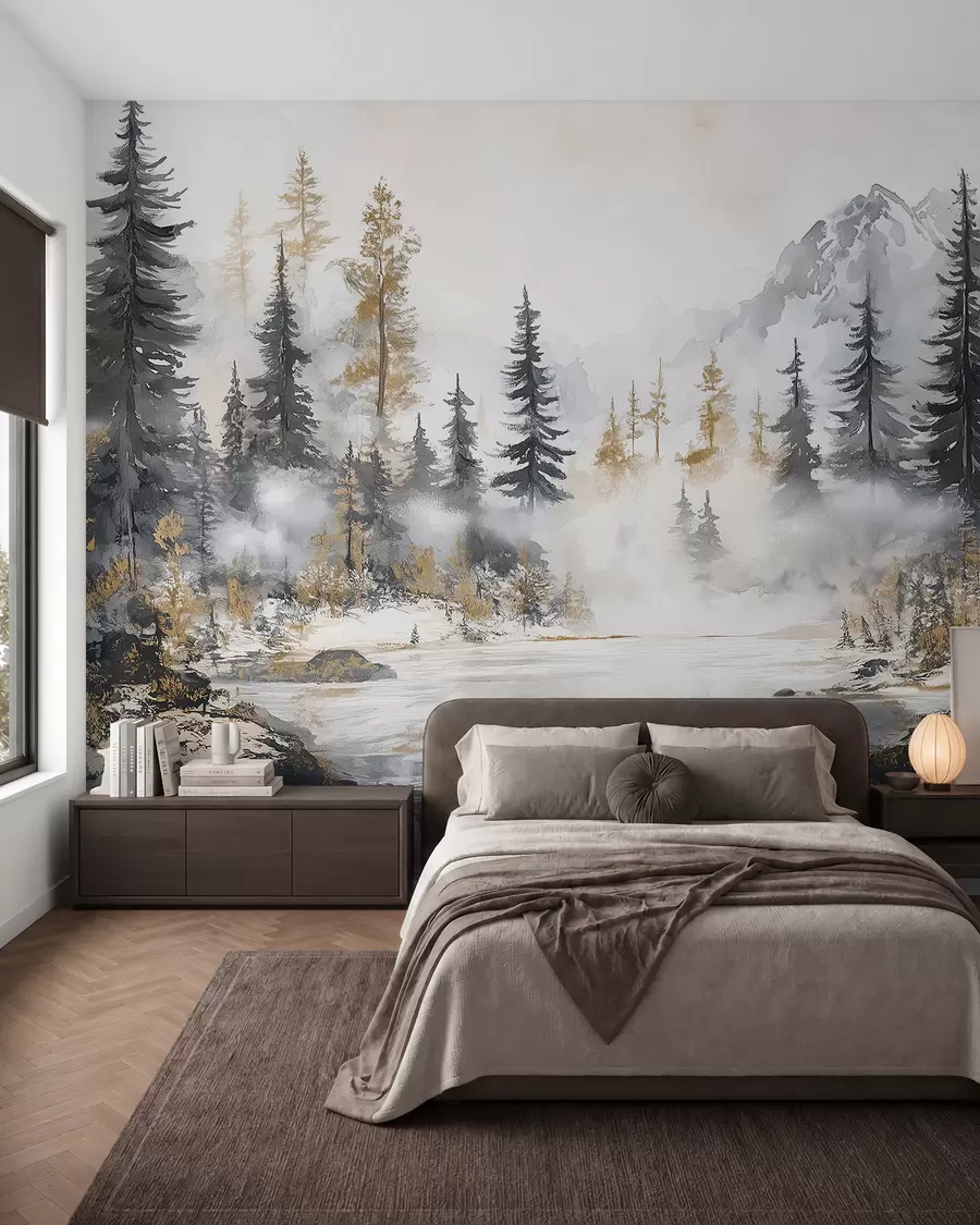 Papier peint photo Paysage d'hiver avec lac et forêt, montagnes, style pastel darwing w02741
