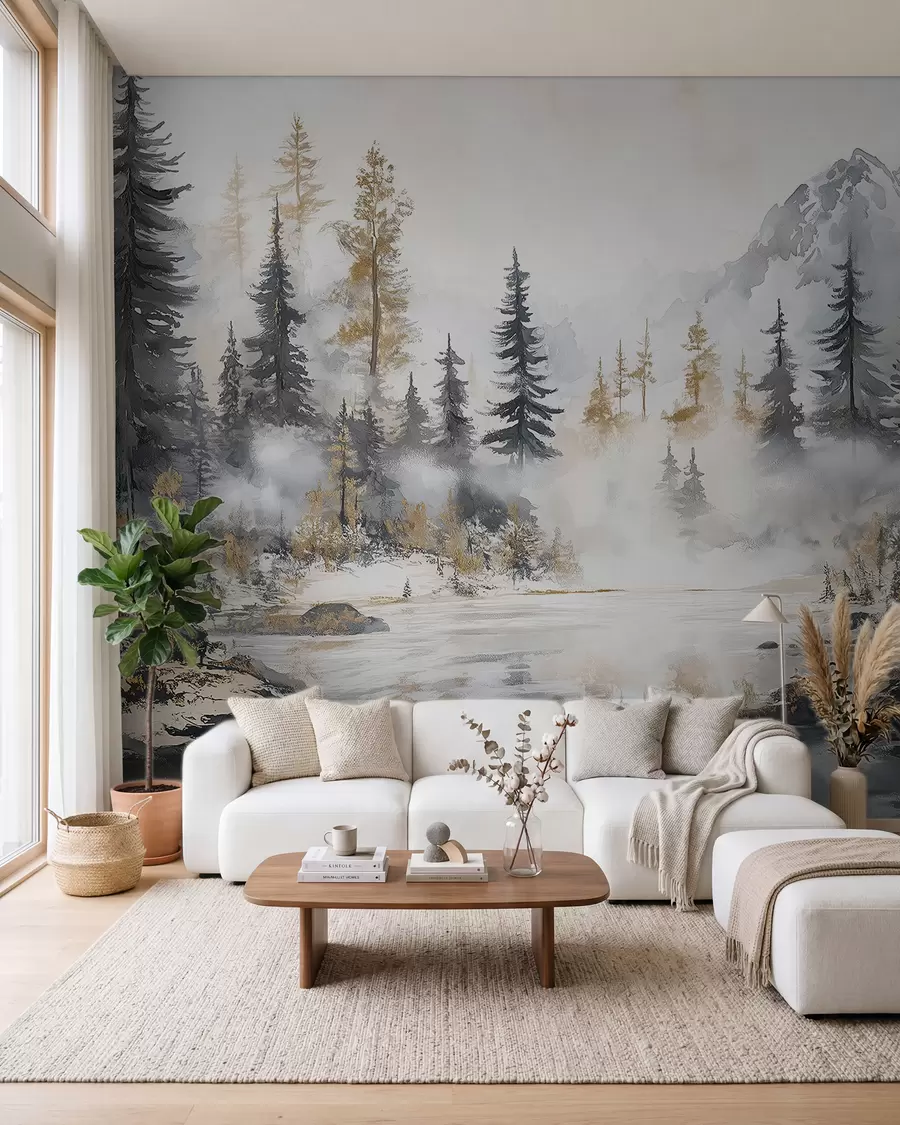 Fotobehang Winterlandschap met meer en bos, bergen, pastel stijl darwing w02741