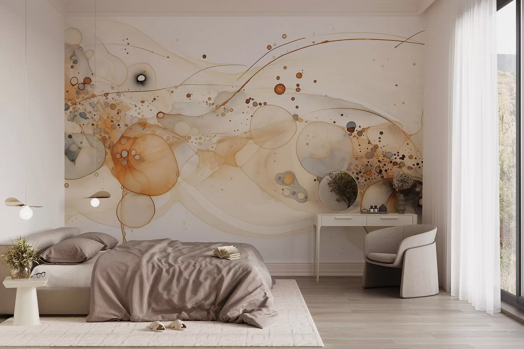 Fotobehang Abstracte inktkunst, vloeiende stijl, beige kleurenpalet w02744