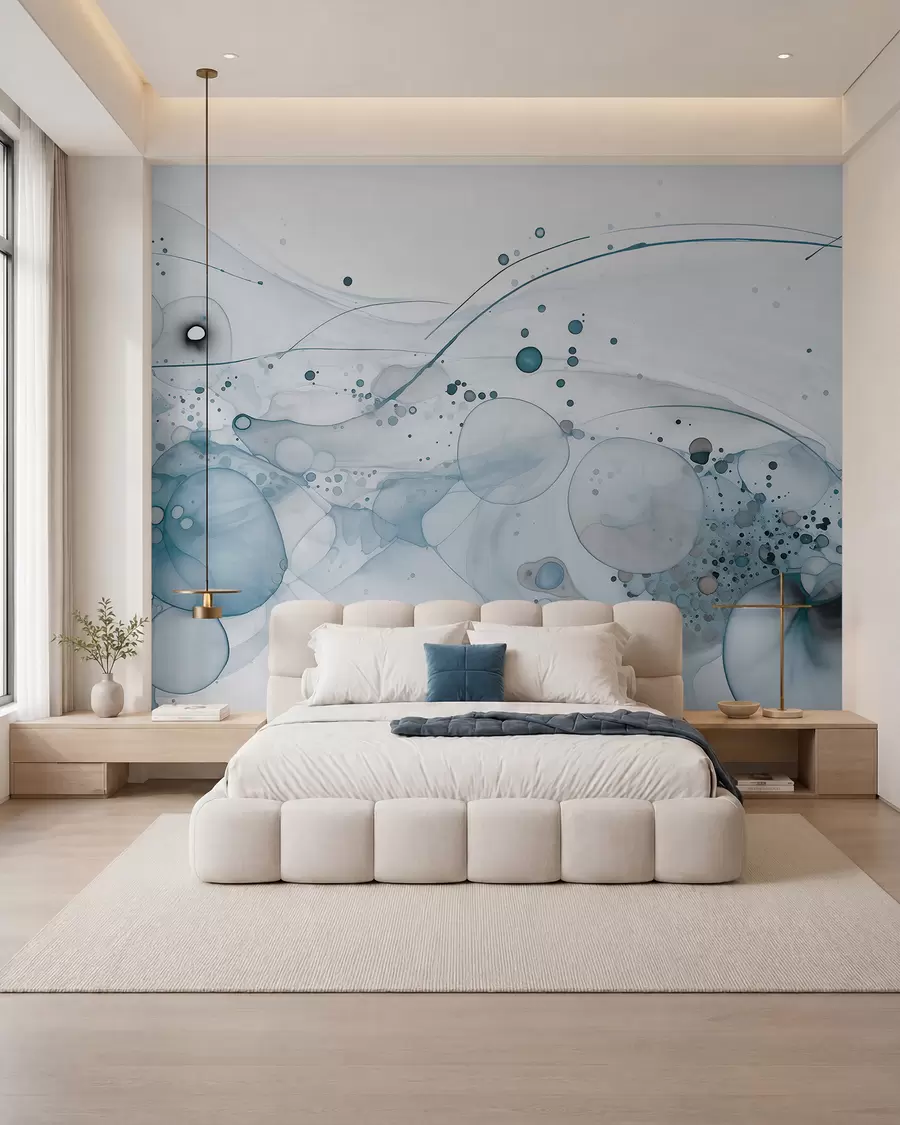 Fotobehang Abstracte inktkunst, vloeiende stijl, blauw kleurenpalet w02744v2