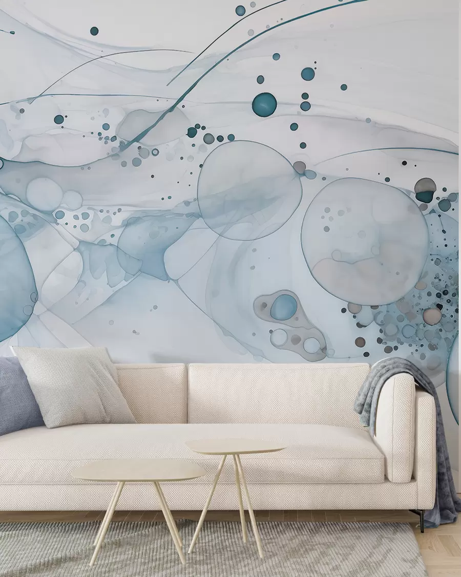 Fotobehang Abstracte inktkunst, vloeiende stijl, blauw kleurenpalet w02744v2