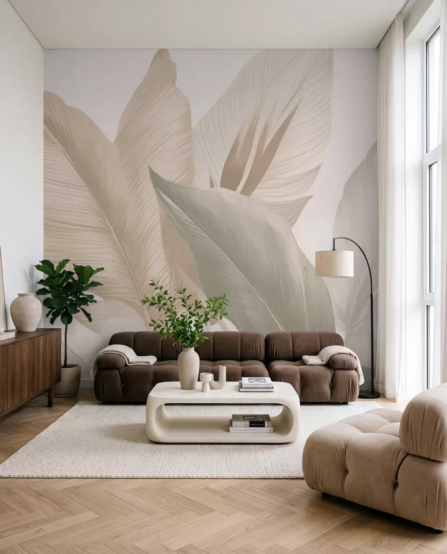 Fotobehang Tropische bladeren in zachte beige en groene tinten, met een aquareleffect en zachte kleurovergangen w02854