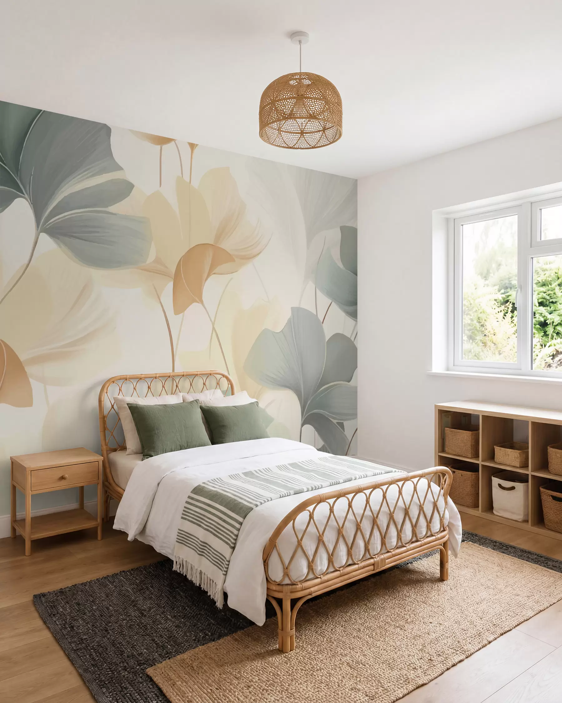 Fotobehang Patroon van ginkgobladeren in zachte pasteltinten, een mix van groene, gele en crèmetinten voor een licht en luchtig gevoel w02855