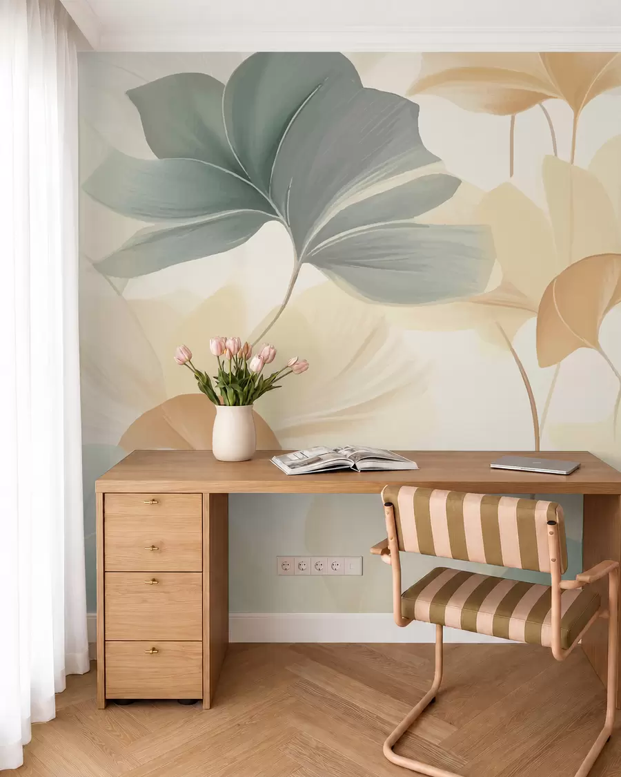 Fotobehang Patroon van ginkgobladeren in zachte pasteltinten, een mix van groene, gele en crèmetinten voor een licht en luchtig gevoel w02855