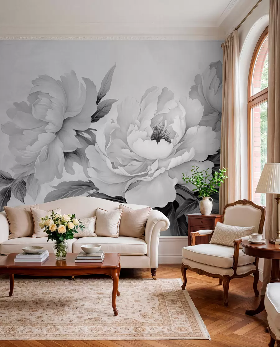 Fotobehang Luxe pioenrozen in grijstinten, met delicate details van bloemblaadjes en bladeren, die een elegante en serene sfeer creëren w02856