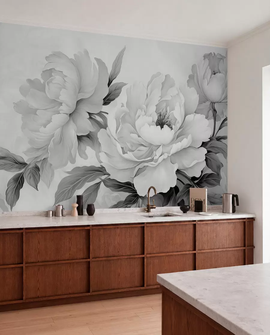 Papier peint photo Pivoines luxueuses dans les tons gris, avec des détails délicats de pétales et de feuilles, créant une atmosphère élégante et sereine w02856