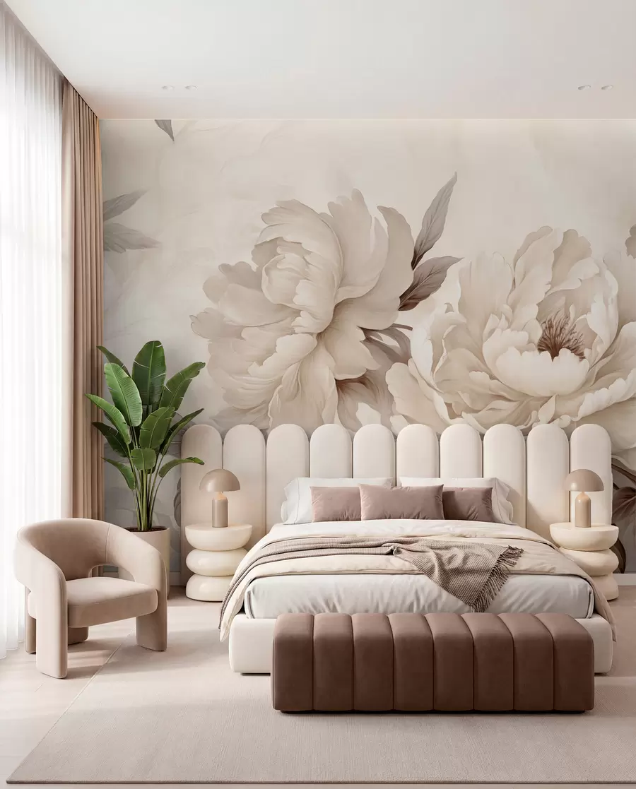 Papier peint photo De délicates pivoines dans des tons beige crème, avec des détails raffinés de pétales et de feuilles, créant une ambiance chaleureuse et sophistiquée w02856v1