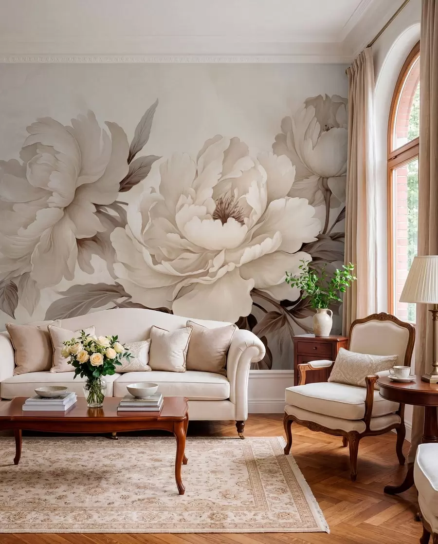 Fotobehang Delicate pioenrozen in crèmekleurige beige tinten, met verfijnde details van bloemblaadjes en bladeren, die een warme en verfijnde sfeer creëren w02856v1
