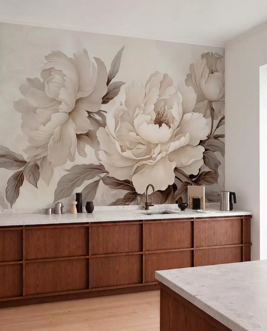 Papier peint photo De délicates pivoines dans des tons beige crème, avec des détails raffinés de pétales et de feuilles, créant une ambiance chaleureuse et sophistiquée w02856v1
