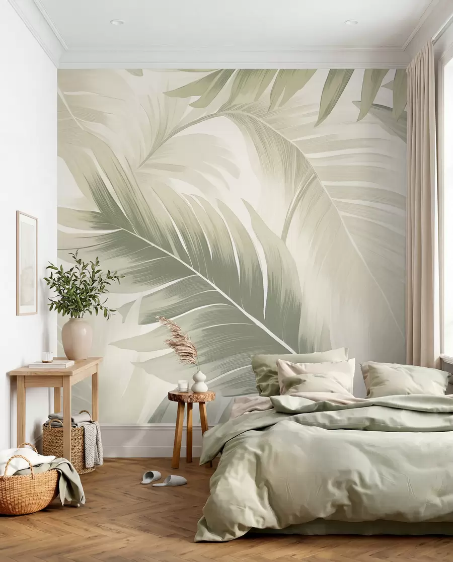 Papier peint photo Motif de grandes feuilles tropicales dans des tons doux de vert et de beige, avec des dégradés doux et des détails de texture délicats w02858