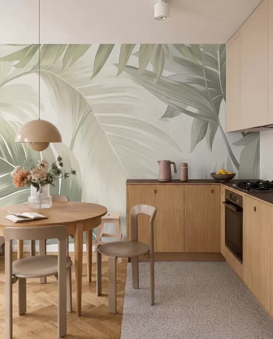 Papier peint photo Motif de grandes feuilles tropicales dans des tons doux de vert et de beige, avec des dégradés doux et des détails de texture délicats w02858