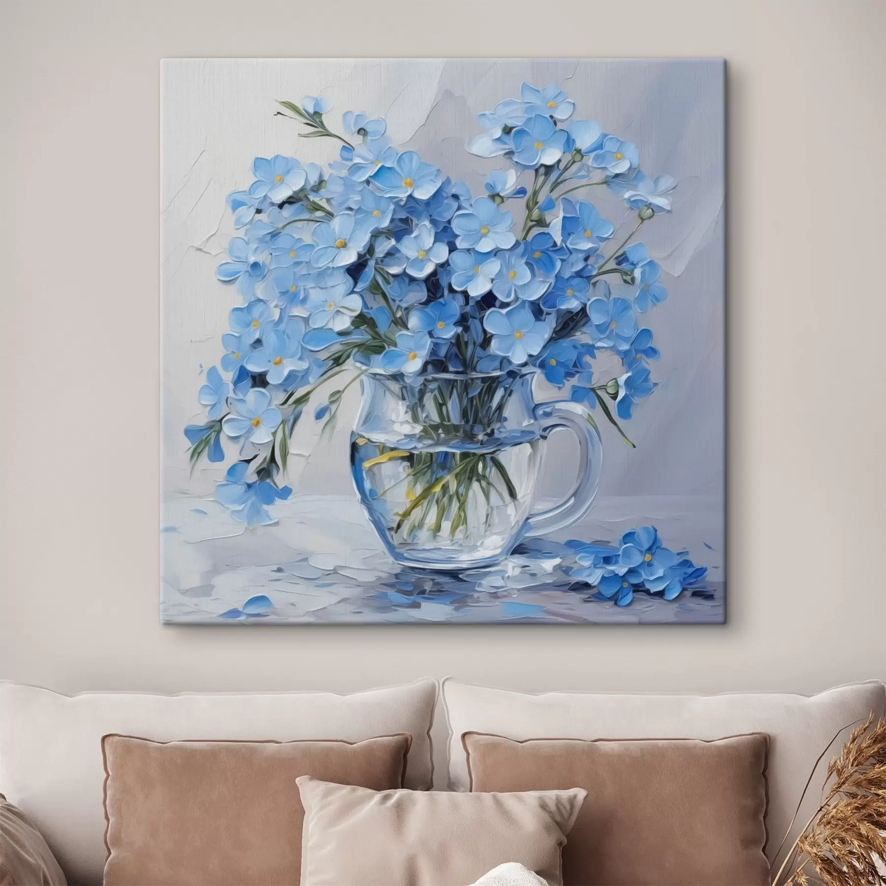 Fotobehang Blauwe bloemen in een transparante vaas imitatie van schilderij s42467