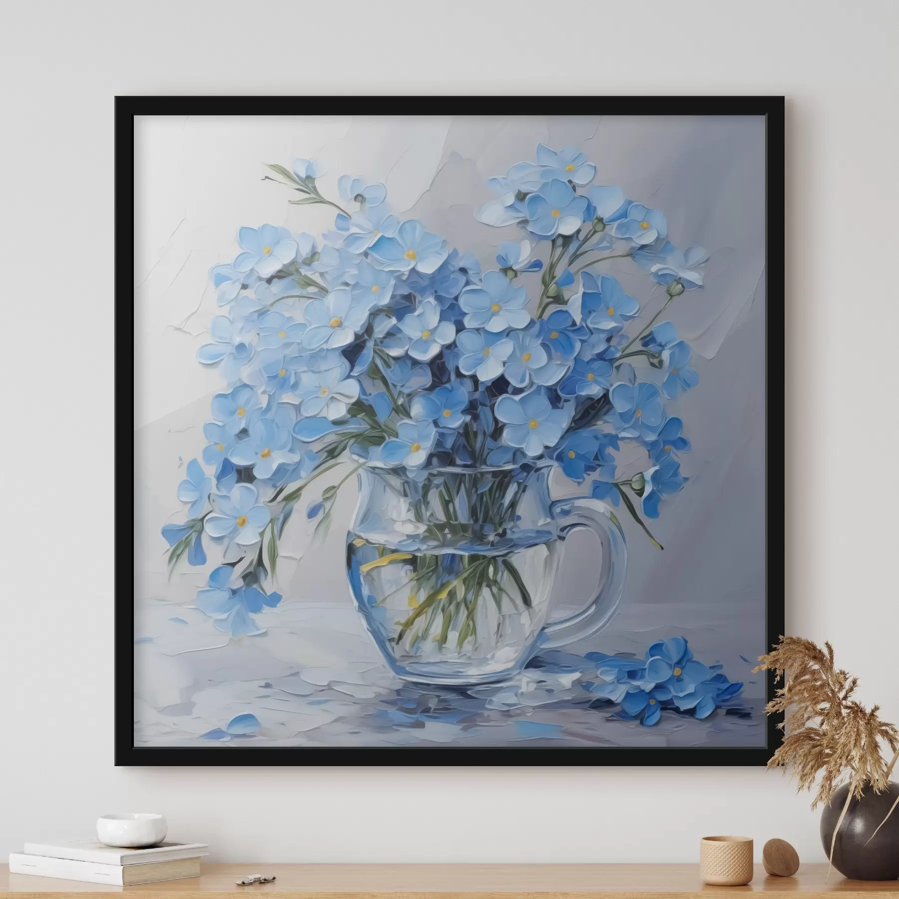Fotobehang Blauwe bloemen in een transparante vaas imitatie van schilderij f42467