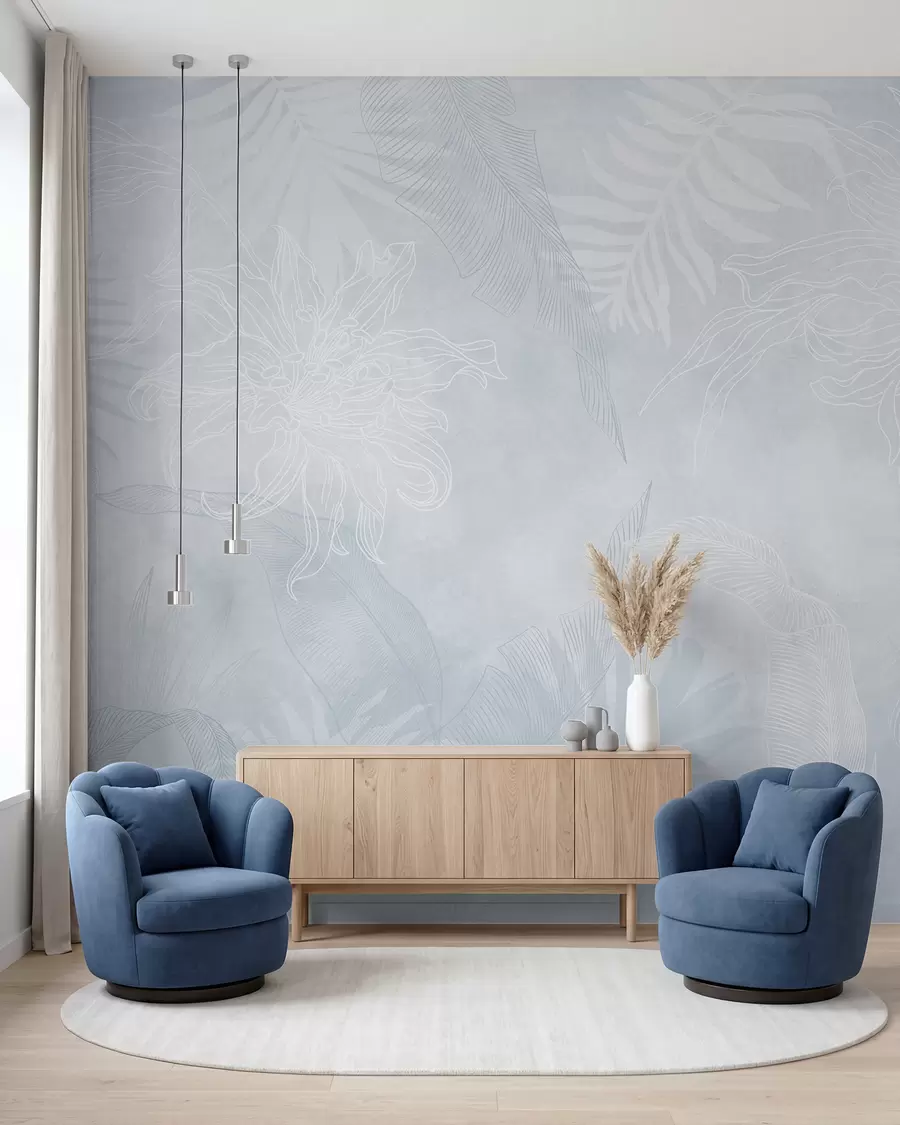 Fotobehang Tropisch gebladerte met grunge-effect en blauwe tint w02737v3