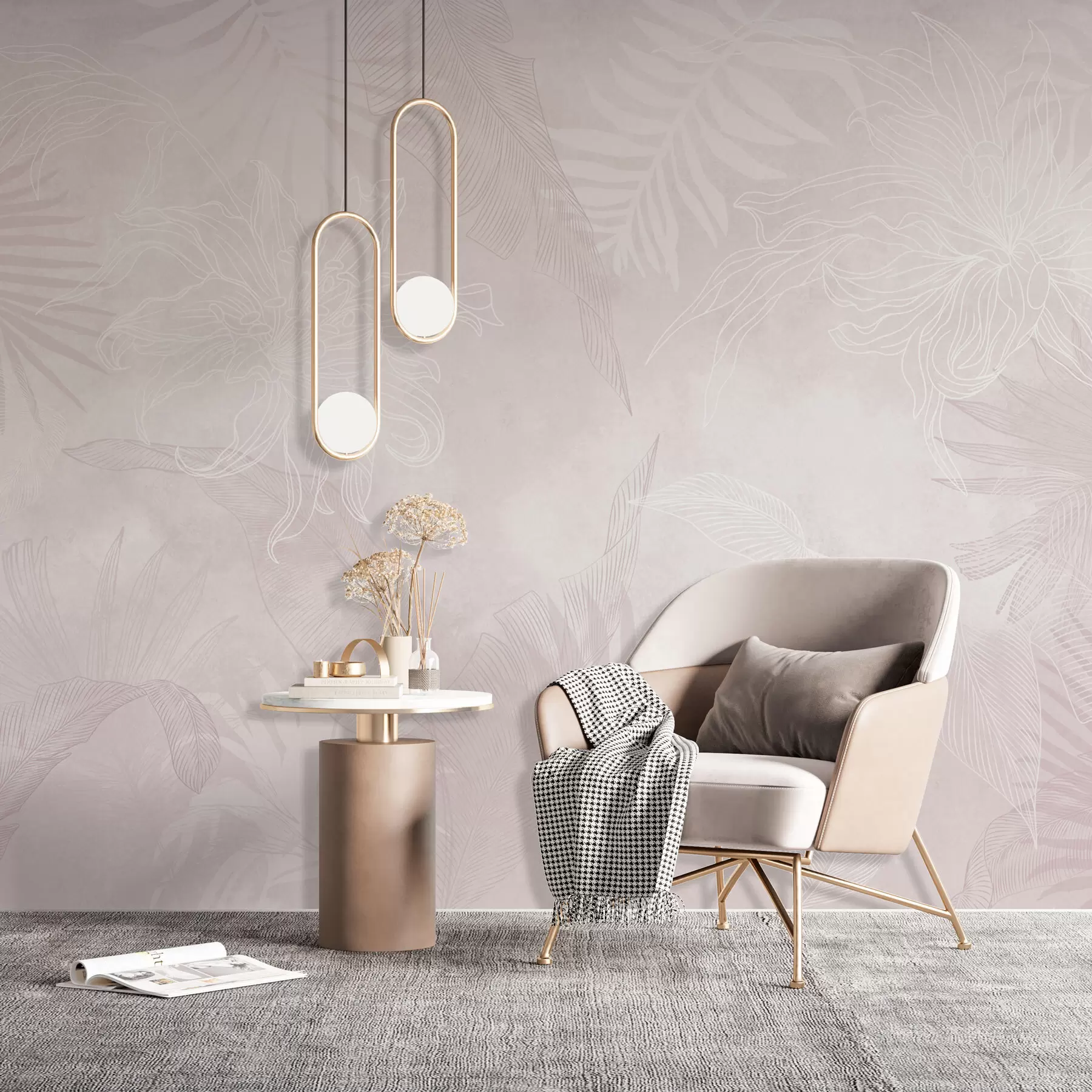 Fotobehang Tropisch gebladerte met grunge-effect en roze tint w02737v4