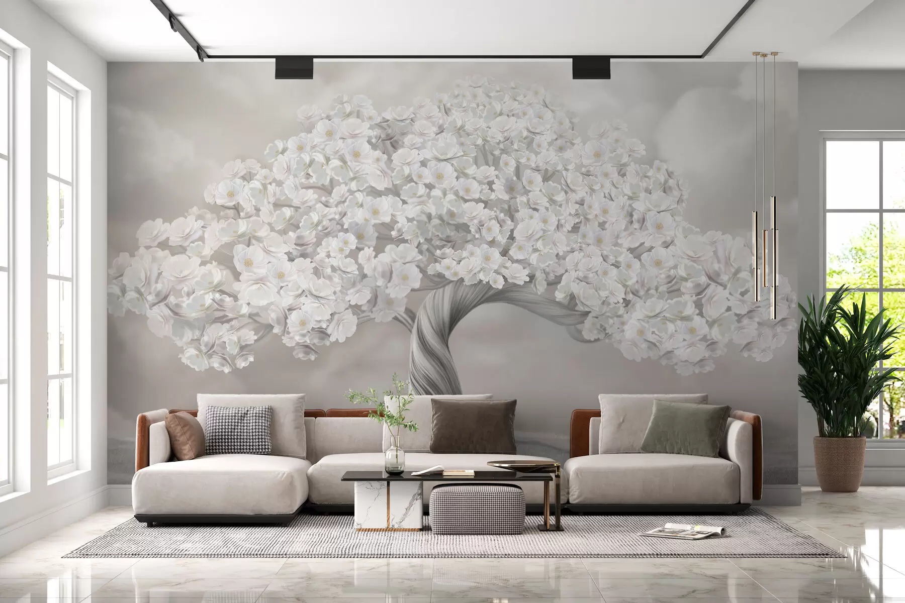 Papier peint photo Grand arbre en fleurs avec des nuages en arrière-plan dans des couleurs pastel w02748v1