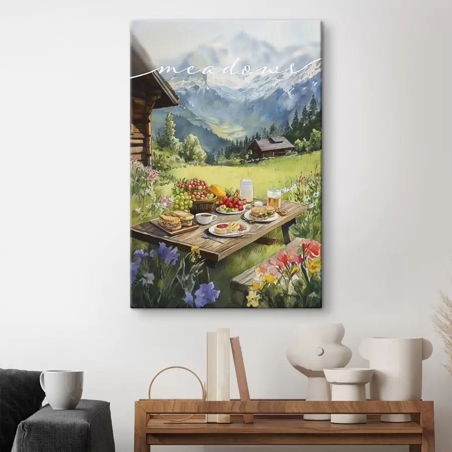  Schilderijen Berglandschappen, zomerweide, houten huizen, ontbijt s42425