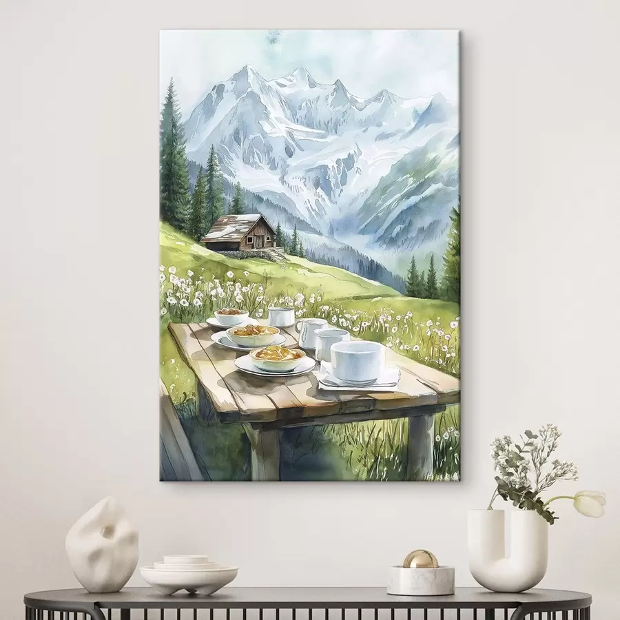  Peintures Petit déjeuner dans les Alpes, montagnes, forêt, nature, été, aquarelle s42426