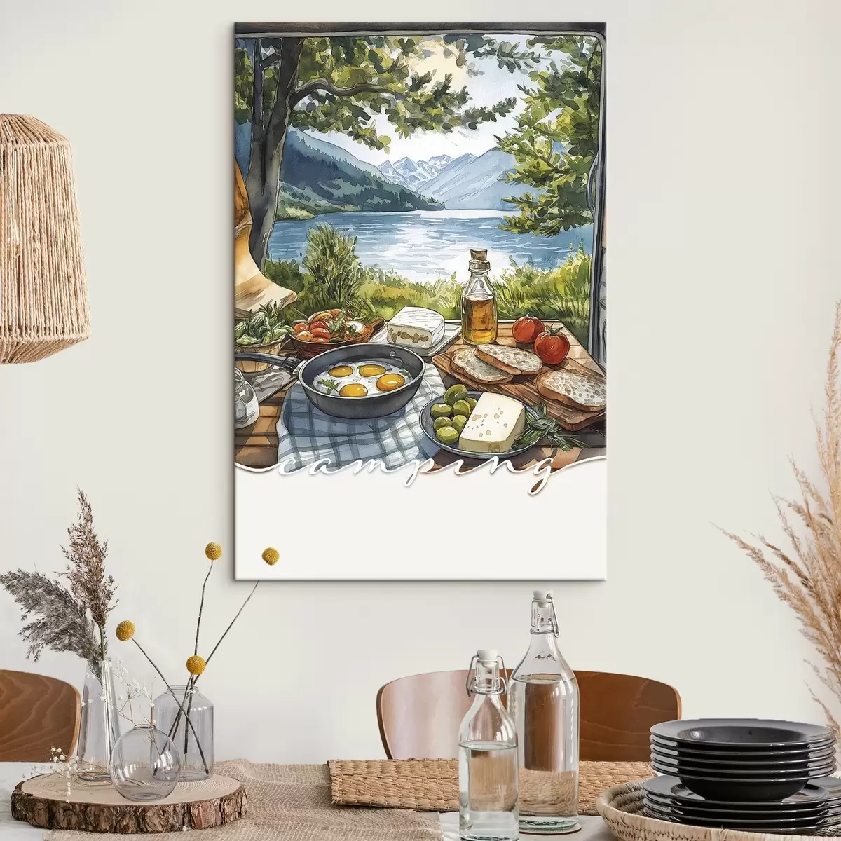  Schilderijen Camping esthetiek, aquarel stijl, zomer meer, natuur, voedsel s42428