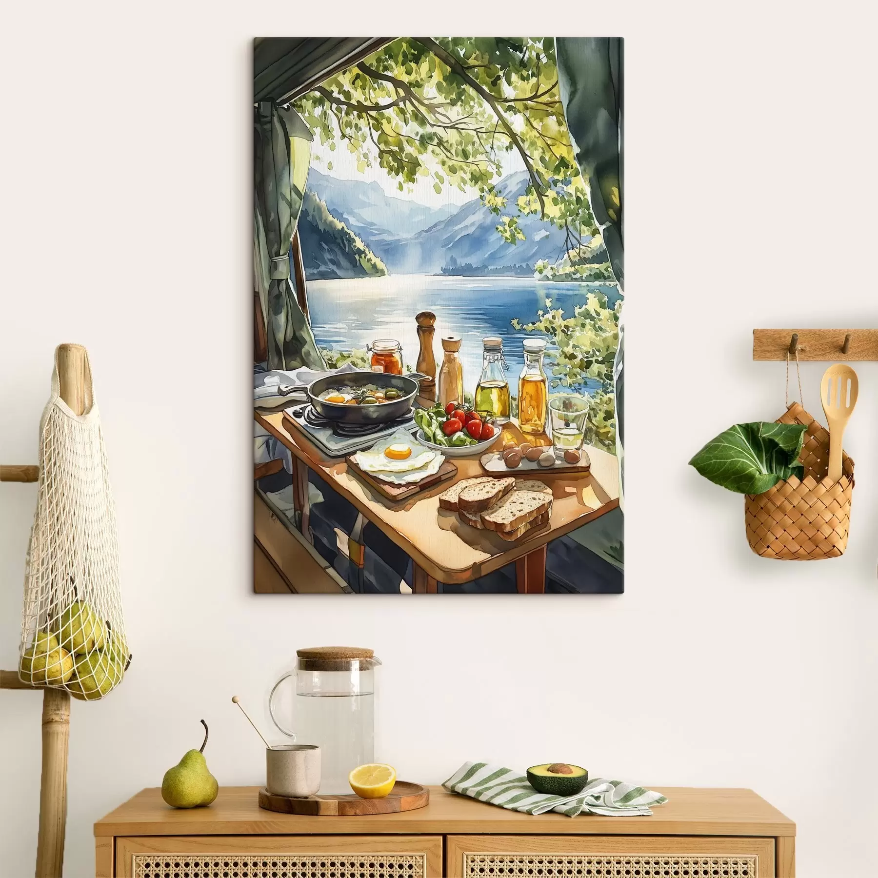  Schilderijen Mooie zomerochtend, meer, aquarel stijl, ontbijt, reizen s42433