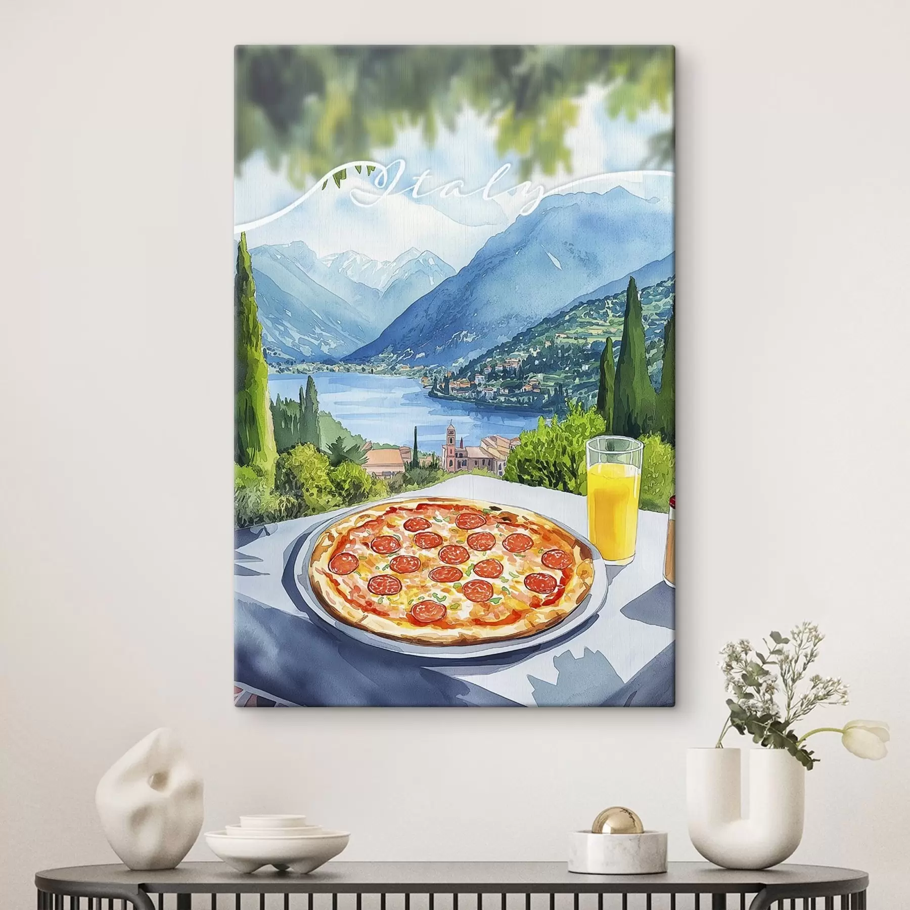 Papier peint photo Aquarelle, Italie, pizza, vieille ville, paysage de montagne s42435