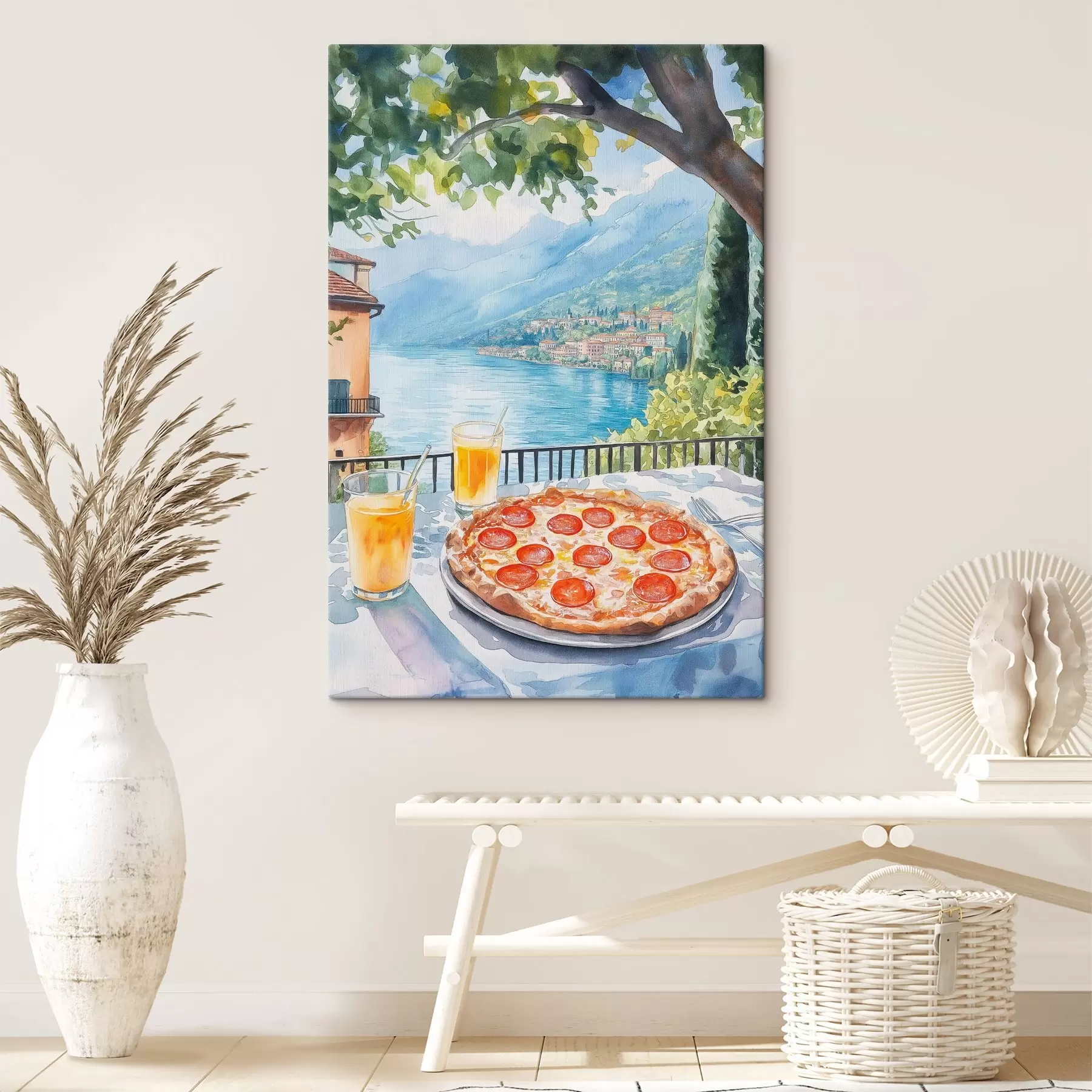  Peintures Brunch en Italie, style aquarelle, pizza margarita, lac, nature estivale s42436