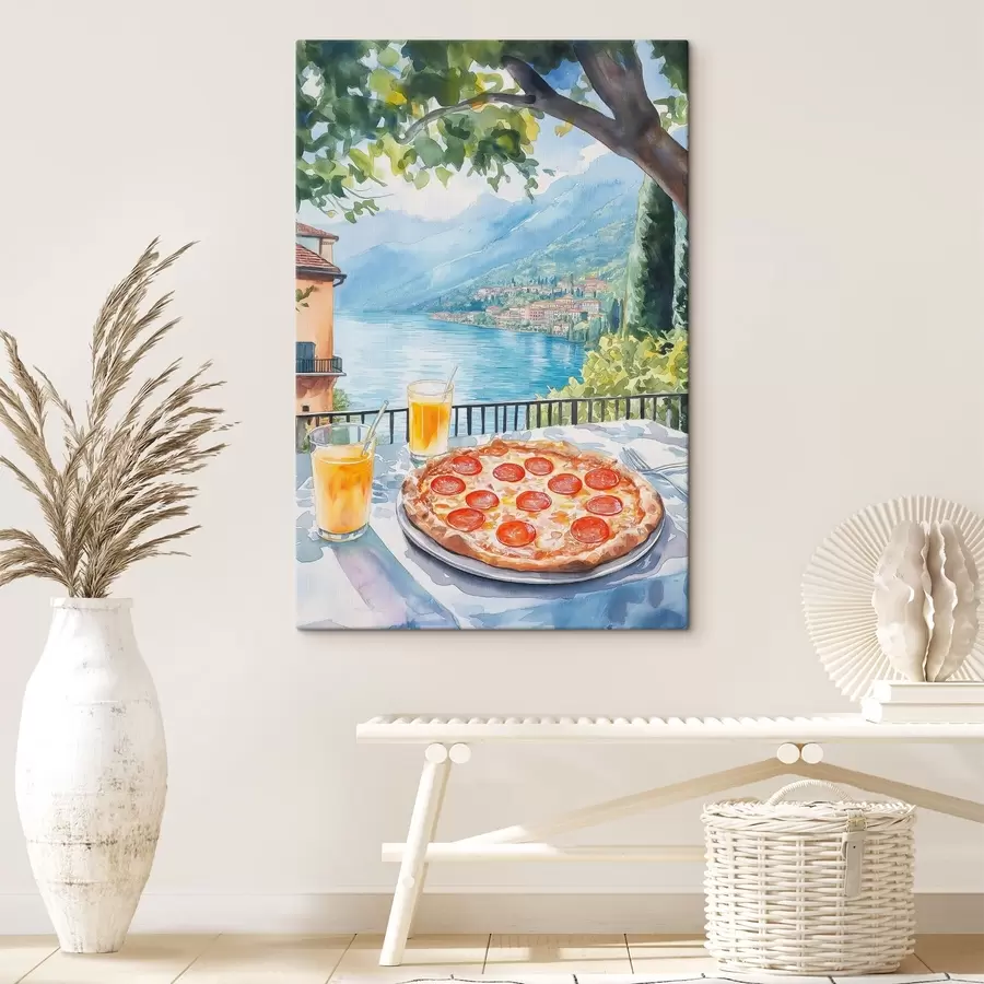  Peintures Brunch en Italie, style aquarelle, pizza margarita, lac, nature estivale s42436