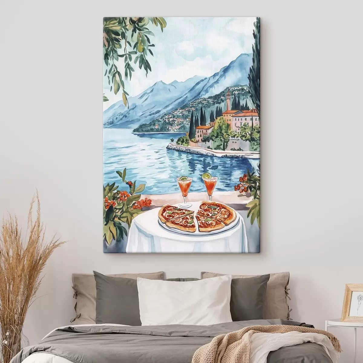 Schilderijen Comomeer, Italië, aquarelstijl, pizza, cocktails, oude stad, bergen s42437