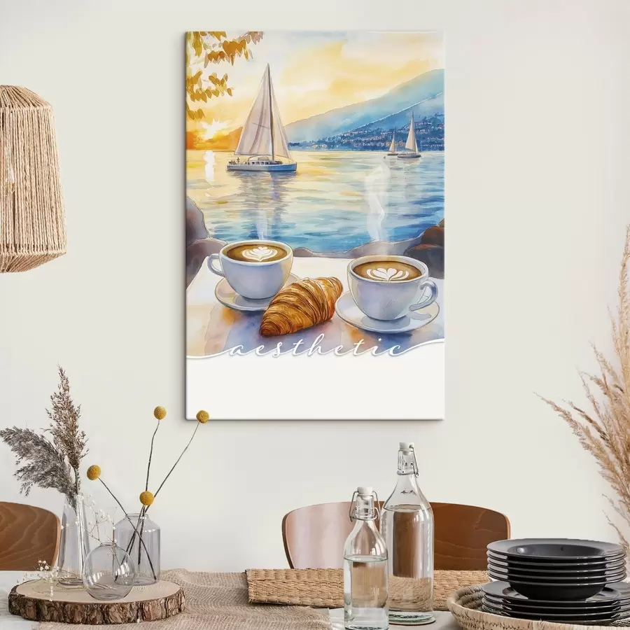  Schilderijen Twee kopjes cappuccino, aquarel stijl, zee zonsondergang, zeilboten, roeping s42438
